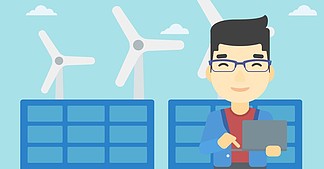 太阳能发电厂和风力场的亚裔工人供以人员研究在太阳能发电厂和风轮机背景的膝上型计算机矢量平面设计插画水平的布局检查太阳能电池板和风力涡轮机的人