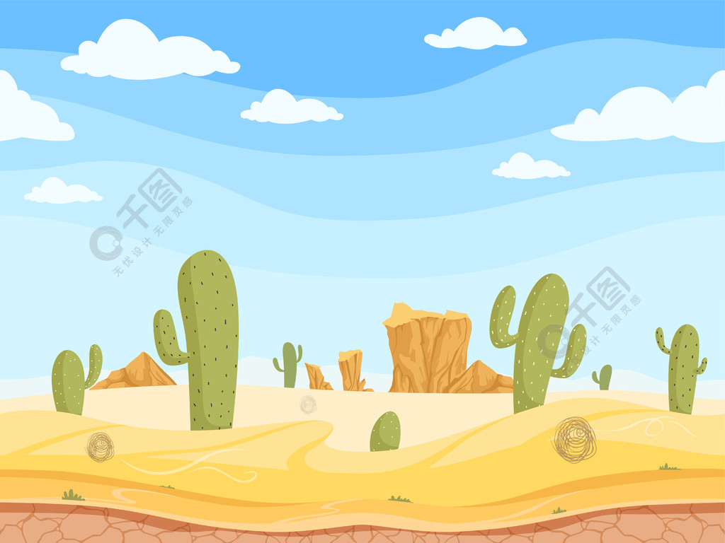 沙漠无缝背景与石头的狂放的西部比赛室外西部峡谷风景晃动沙子仙人掌传染媒介动画片例证游戏地平线，沙峡谷，西部沙漠自然沙漠无缝背景狂野的西部游戏户外西方峡谷景观与石头岩石仙人掌矢量卡通插画