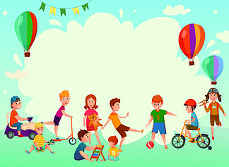 演奏<i>孩</i><i>子</i>背景彩色的卡通玩耍的<i>孩</i><i>子</i>背景或框架与气球和儿童组矢量图