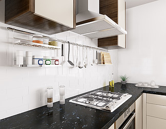 现代厨房配有黑色花岗岩柜台，燃气灶，油烟机，餐具，室内3d渲染