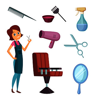 女理发师在工作用不同的工具为理发店的发型师时尚卡通风格的图片美发