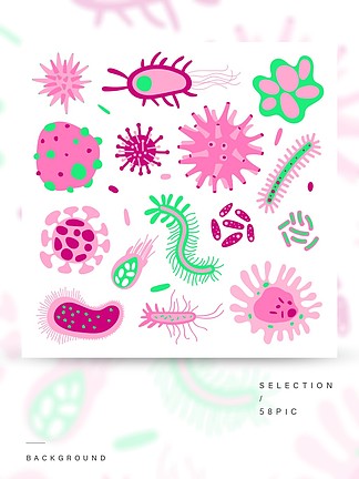 卡通细菌微生物病毒和<i>传</i><i>染</i><i>性</i>感<i>染</i>细菌设置平面绘图，微生物和生殖细胞细菌微科学为孩子矢量图卡通细菌集