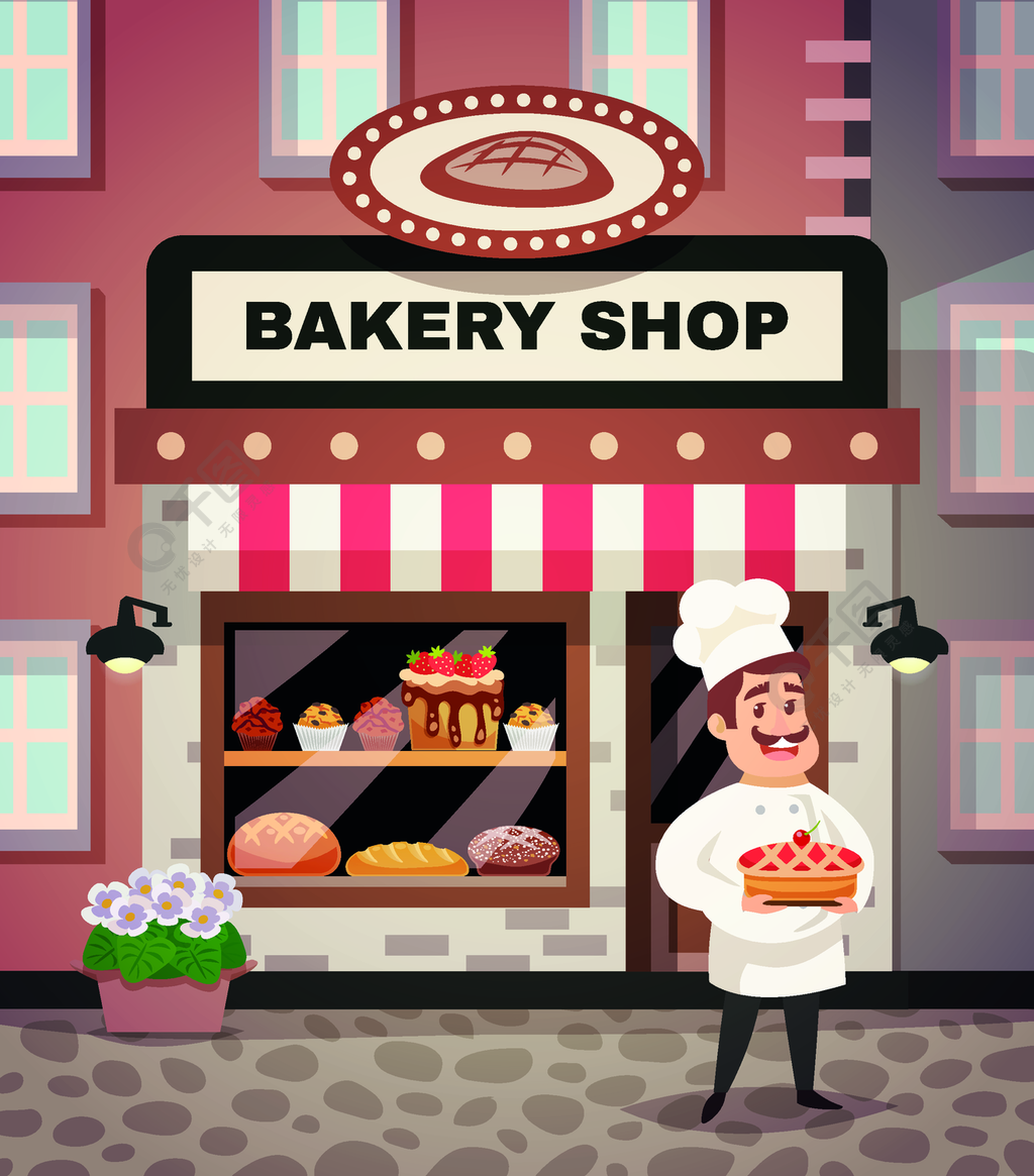 面包店卡通插图面包店设计概念与厨师在制服站在商店橱窗前与蛋糕在手