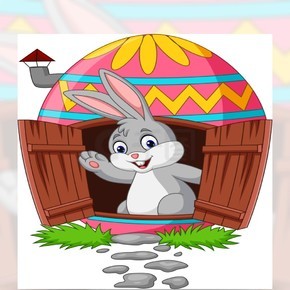 卡通兔子与装饰的复活节彩蛋房子