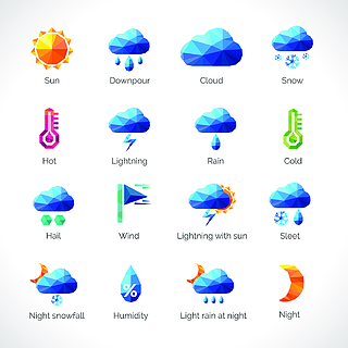 天氣預報多角形象設置與太陽雲彩雨雪標誌隔絕了傳染媒介例證天氣