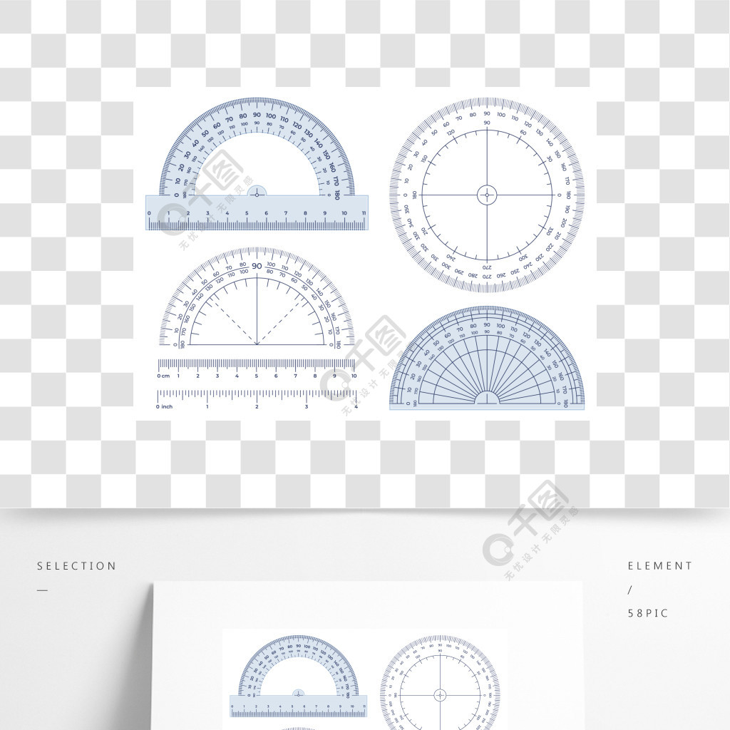 量角器角度測量工具,圓360度角尺和180度測量矢量插圖集設備量角器以