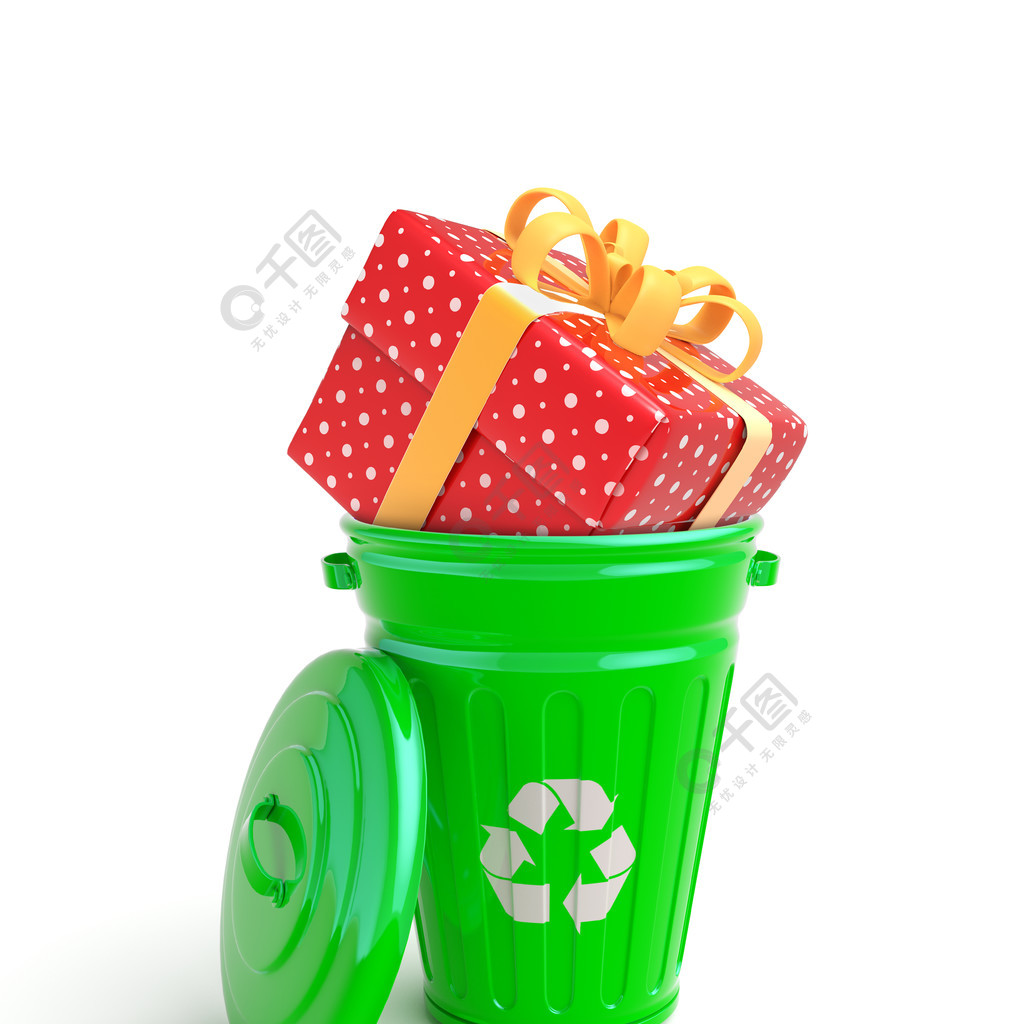 与在白色隔绝的礼物的绿色垃圾桶带着礼物的绿色垃圾桶