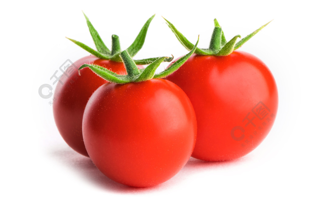 在白色的三个蕃茄三个小新鲜番茄孤立的白色背景上的绿色叶子