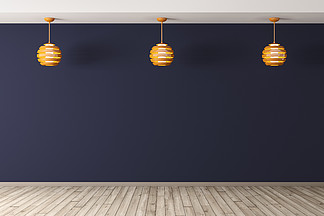 <i>房</i>间内部背景有三盏灯的反对蓝色墙壁，木地板3d翻译