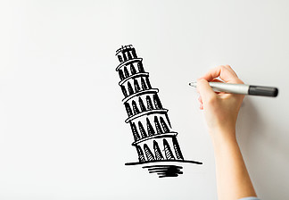 人，旅行，旅游，图形艺术和建筑概念— —用白板或纸上的比萨素描斜塔的标记绘图手特写