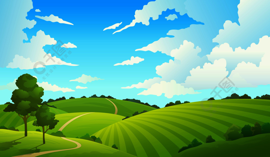 夏田景观自然小山调遣蓝天云彩太阳乡下绿树和草的农村土地卡通矢量夏