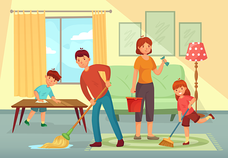 国内肮脏的地板清洁或定期的家庭工作的卡通矢量图家庭打扫房子父亲