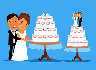 与新娘和新郎一起切婚礼蛋糕的婚宴<i>喜</i>饼婚礼结婚请柬的矢量图新娘和新郎的婚礼蛋糕