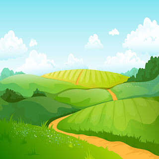 夏田景观动画片与青山蓝天和卷曲云彩的乡下谷矢量农村自然地平线牧场