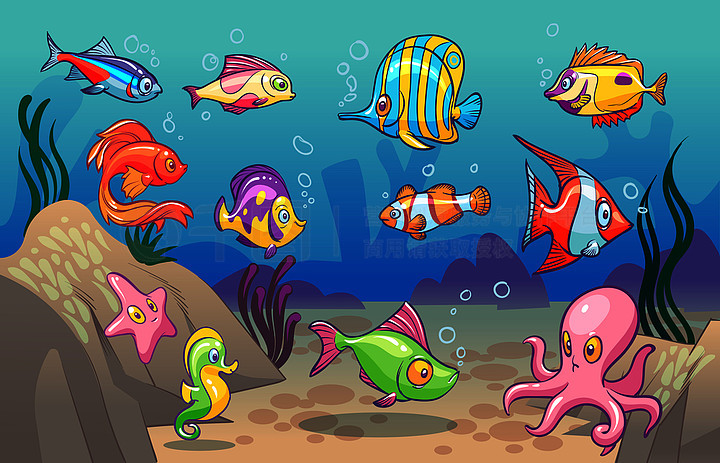 036一群鱼在大海中游泳,背景是岩石和水草,还有珊瑚礁0021卡通手绘