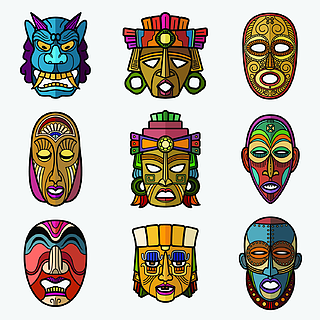 非洲工艺伏都教部落面具和印加南美文化图腾符号矢量集?