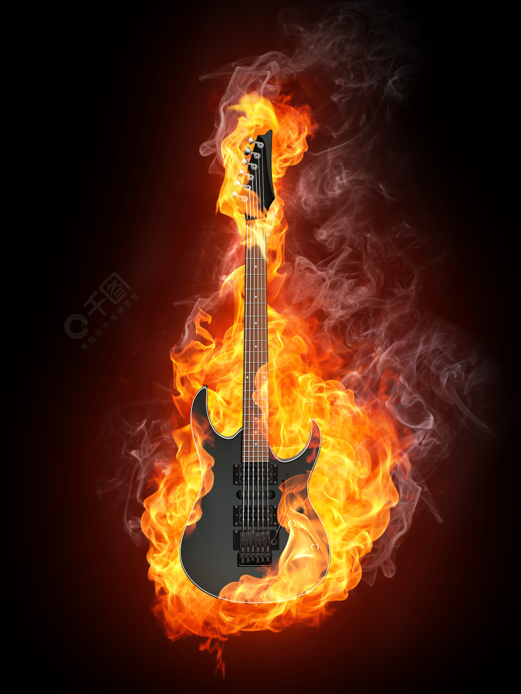在黑背景在火的电吉他隔绝的计算机图形学创意合成免费下载