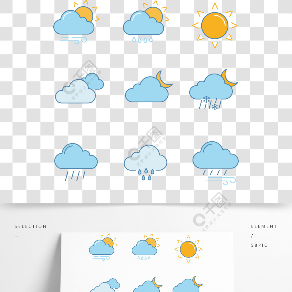 天氣預報顏色圖標設置局部多雲和大風天氣毛毛雨太陽雲夜傾盆和毛毛雨