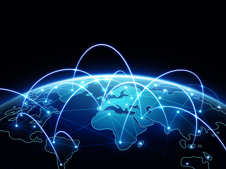 与世界地球仪的抽象网络矢量概念互联网和全球连接背景抽象的蓝色世界