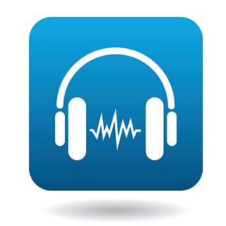 声音在平面样式中蓝色正方形的耳机图标设备符号耳机图标,平面样式的