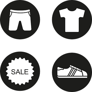 运动服装商店出售图标集t恤,短裤,运动鞋,销售贴纸在黑眼圈的传染媒介