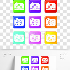 照片照相机象设置了在任何设计的白色隔绝的9个颜色收藏照片相机图标设置9颜色集合