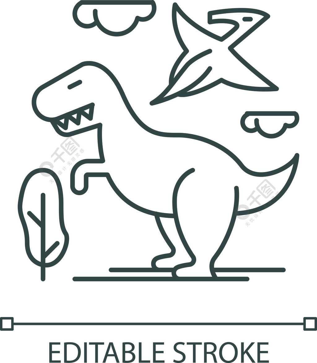 恐龙线性图标史前动物霸王龙飞行翼手龙考古学和历史细线图轮廓符号