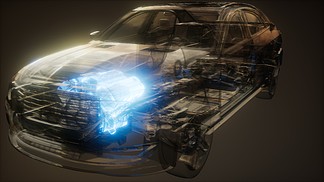 在透明汽车中可见的汽车发动机汽车上可见的汽车发动机