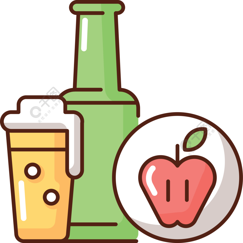 苹果酒rgb颜色图标瓶装饮料苹果酒玻璃器皿中的液体酒馆菜单派对软