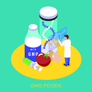 生物工程轉基因產品研究實驗室等距組成與轉基因食品牛奶雞蛋背景矢量