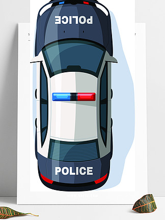 在白色背景巡逻自动隔绝了动画片对象顶视图警车半平rgb颜色矢量图