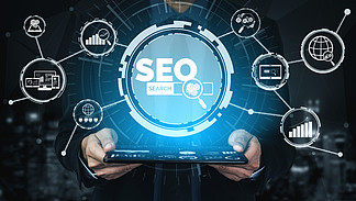 SEO-在线营销概念的搜索引擎优化通过优化客户搜索和分析市场策略，现代图形界面显示关键字研究网站推广的符号