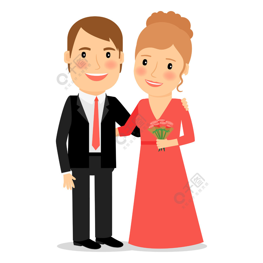 快乐的一对丈夫和妻子穿着西装的男人和女人穿着红色