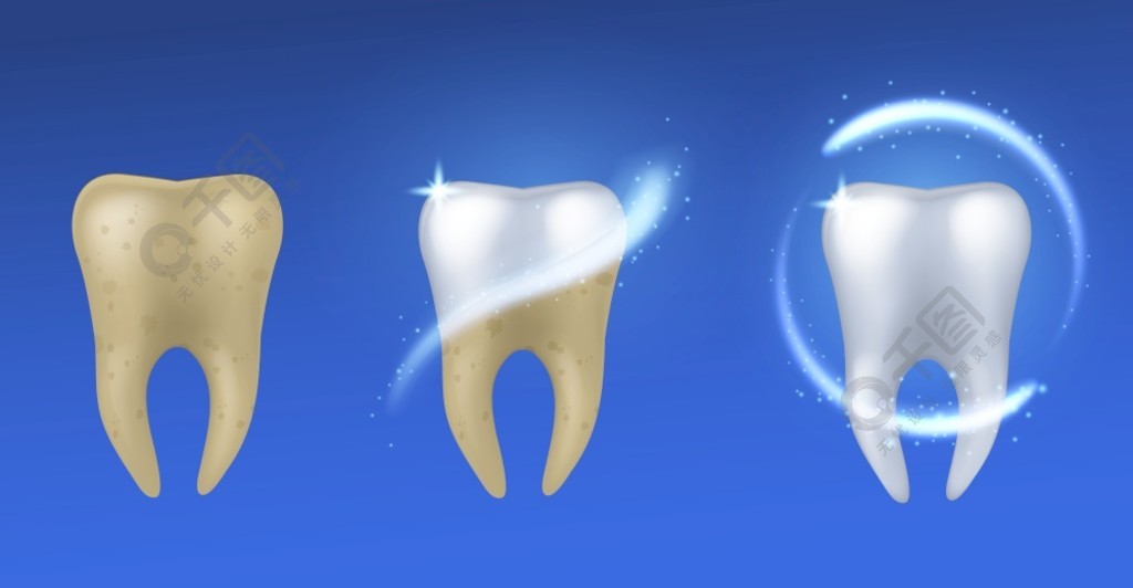 牙齒護理和保護,口腔衛生海報矢量概念孤立在藍色背景上前後美白牙齒