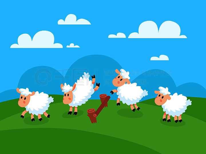一群绵羊在田野上奔跑,嘴里叼着一个红色的物体,蓝天上有云