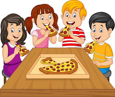 卡通孩子一起吃披萨手绘卡通西餐快餐一块披萨芝士元素手绘食物可爱