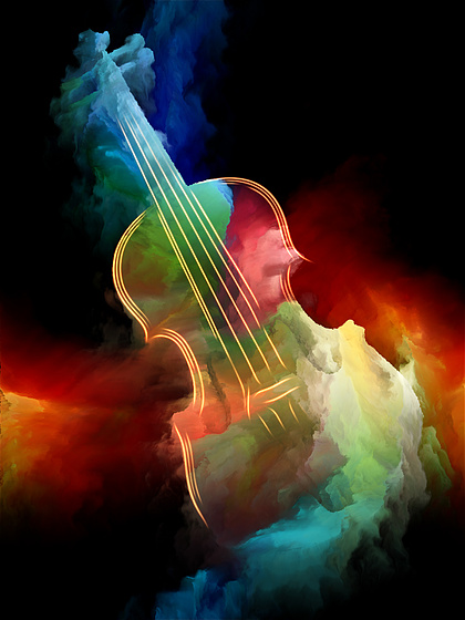 小提琴和抽象彩色颜料的构图适合作为音乐乐器,旋律,声音,表演艺术和