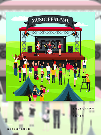 <i>户</i><i>外</i>音乐节的组成露天节日背景与夏季郊区景观摇滚乐队在舞台人群和露营公园矢量图