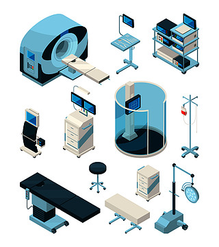 不同的醫院設備醫療臺和其他設備醫院,醫學技術,醫療保健和監測,矢量