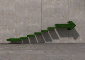 成长和进步的概念混凝土房间与绿色图楼梯在墙上