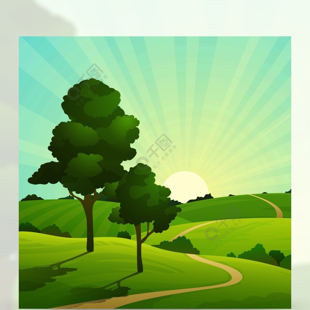 田景观自然小山调遣蓝天云彩太阳乡下绿树和草农村土地模板免费下载