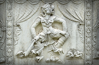 传统泰式灰泥艺术的杰作老关于在寺庙装饰墙壁上的罗摩衍那故事在Wat Panan Choeng寺庙，阿尤特拉利夫雷斯，泰国世界遗产