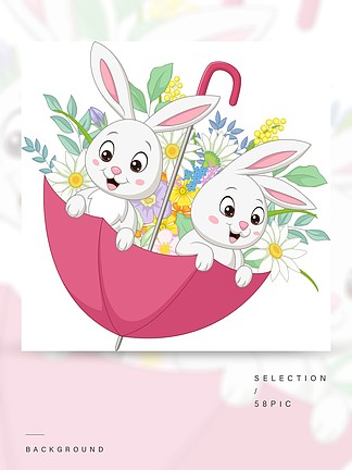可爱的两个兔子在春天的伞与花