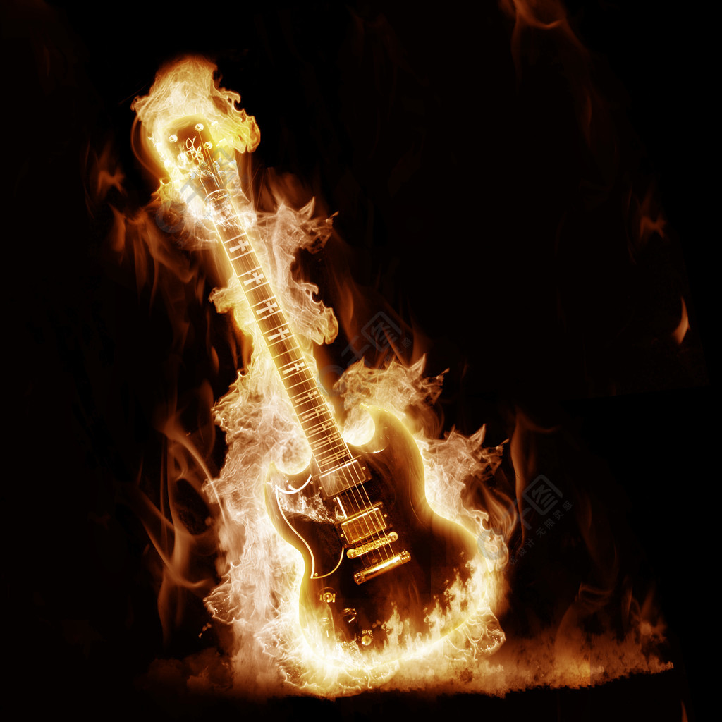 电子吉他笼罩在黑色背景上的火焰