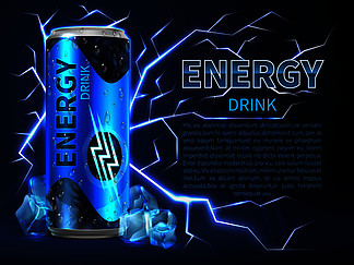 能量饮料可以包围放电和深蓝色火<i>花</i>包装广告矢量背景容器能量饮料，铝或金属瓶例证能量饮料可以包围放电和深蓝色火<i>花</i>包装广告矢量背景