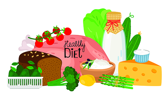 健康的饮食习惯矢量的概念健康食品的例证卡通面包,鳄梨,奶酪,鸡肉