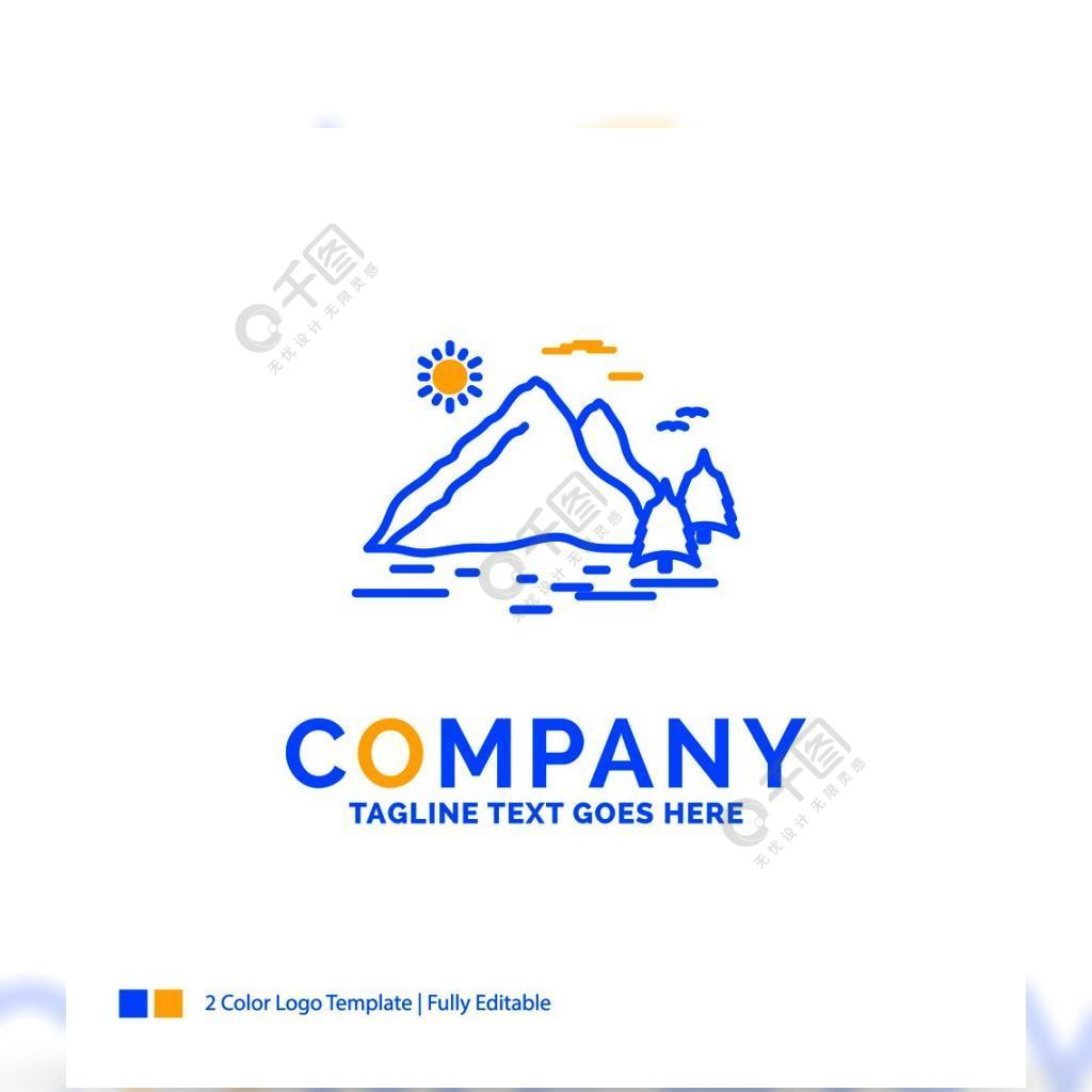 自然小山风景山太阳蓝色黄色业务徽标模板标语的创意设计模板的地方