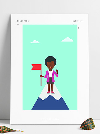 拿着在山的上面的一个非裔美国<i>人</i>的愉快的年轻领导女商<i>人</i>一面红旗成功的商业概念矢量平面设计插画垂直的布局开朗的领导女商<i>人</i>矢量图
