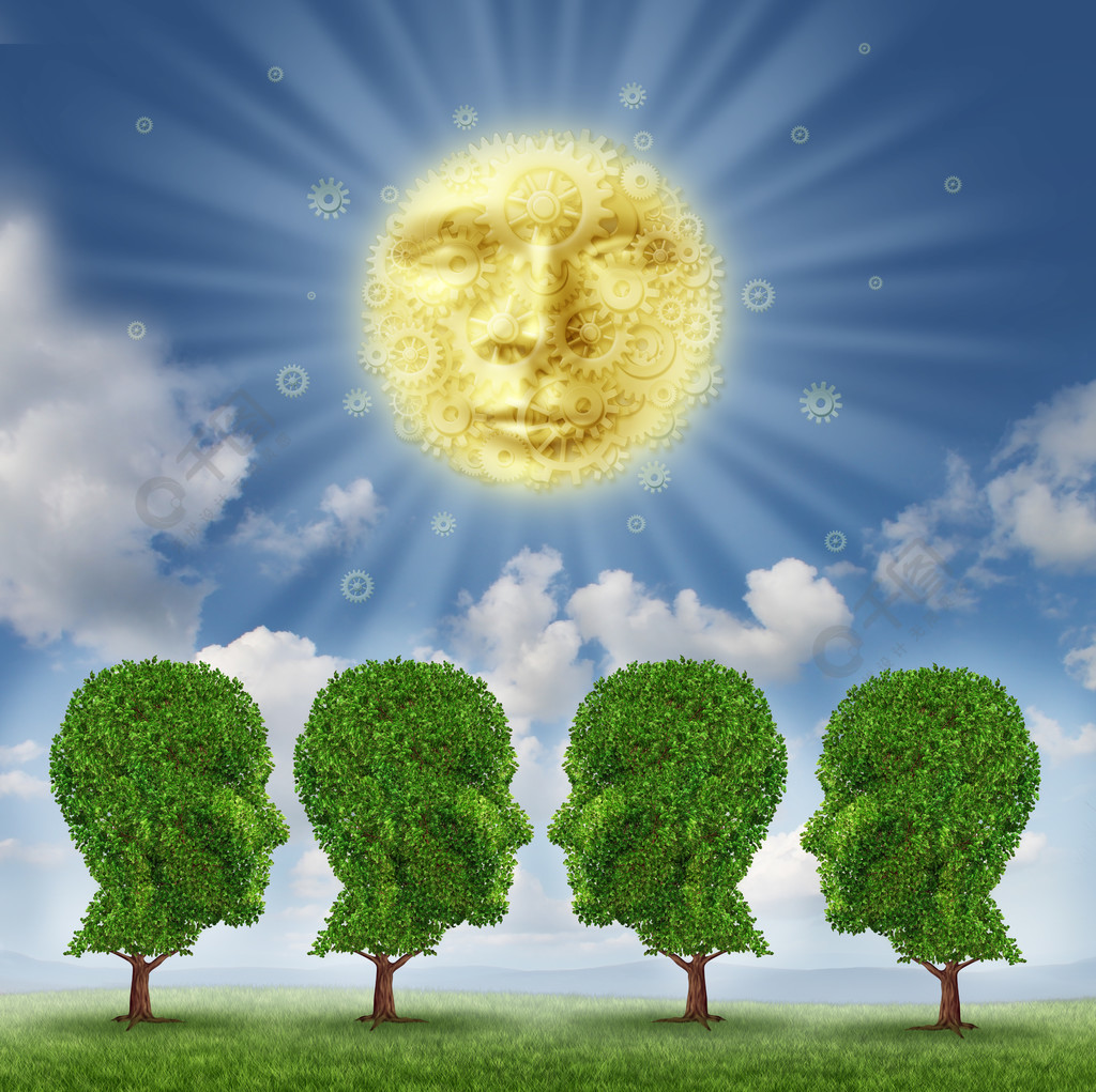 与发光的太阳的教育领导和启发概念作为哺养生长绿色树的面孔由齿轮和