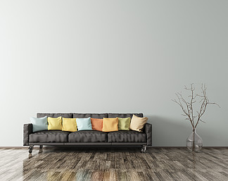 客厅的现代内部与黑色的沙发，多彩多姿的垫子和花瓶与分支3d渲染